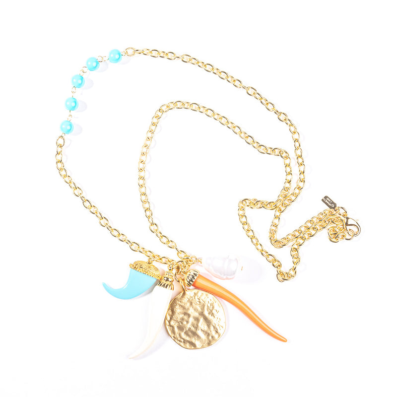 Gold and Turquoise Chain Necklace with Multicolored Pendants