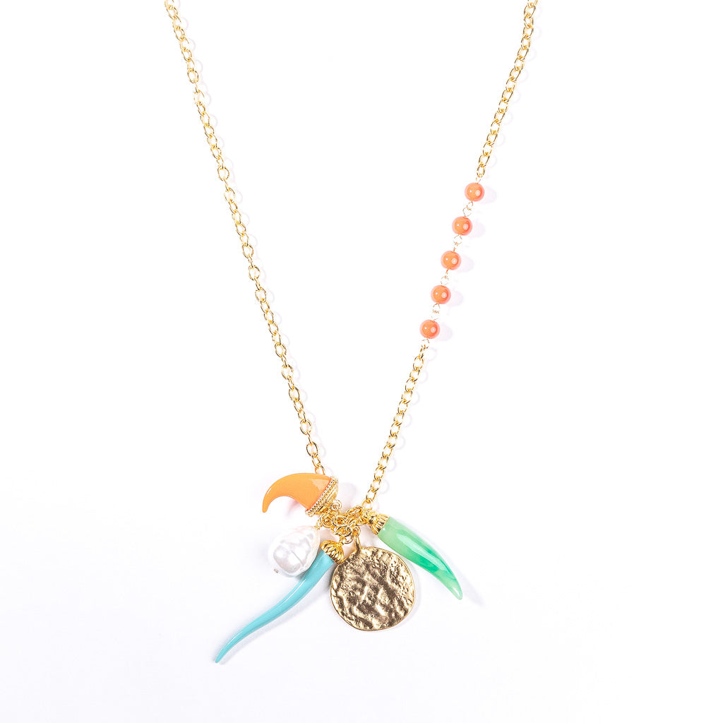 Gold and Coral Chain Necklace with Multicolored Pendants