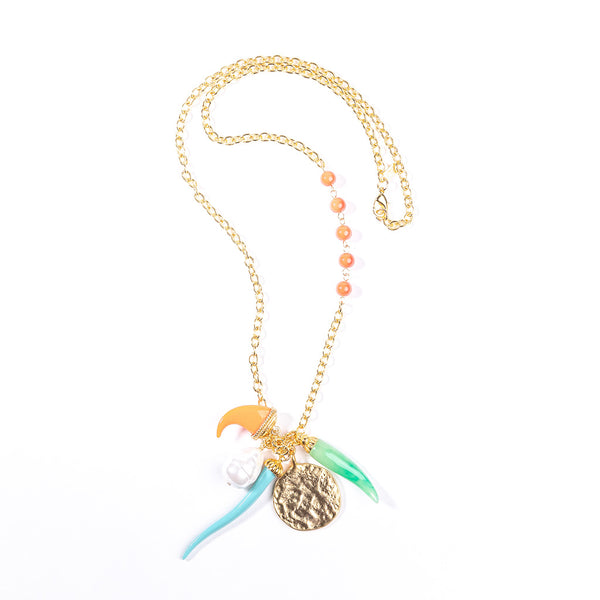 Gold and Coral Chain Necklace with Multicolored Pendants