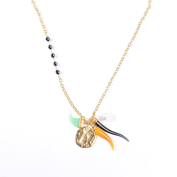 Gold and Jet Chain Necklace with Multicolored Pendants