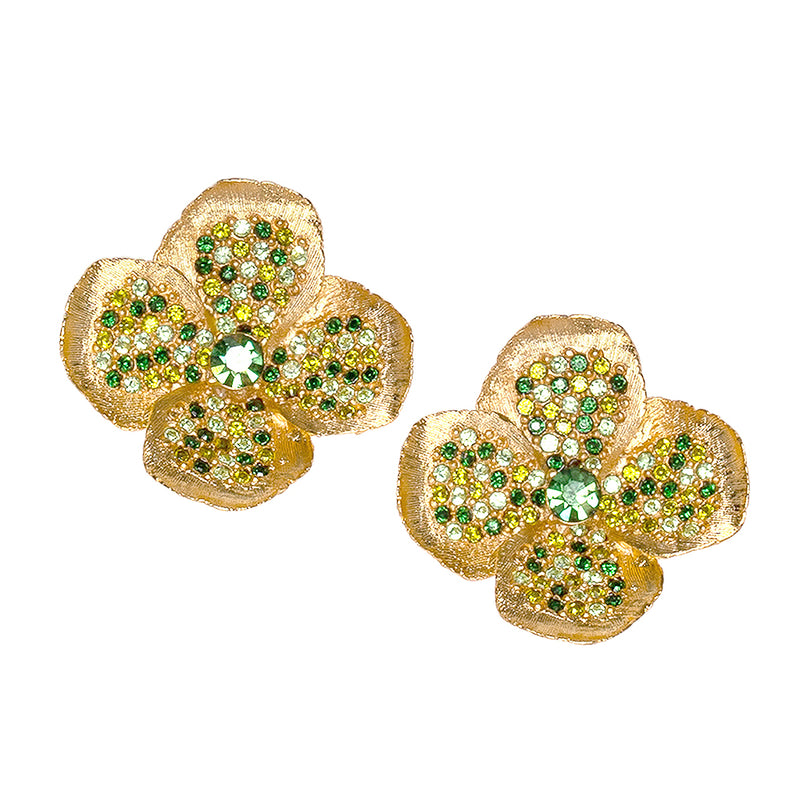 Green Rhinestone Flower Clip Earrings