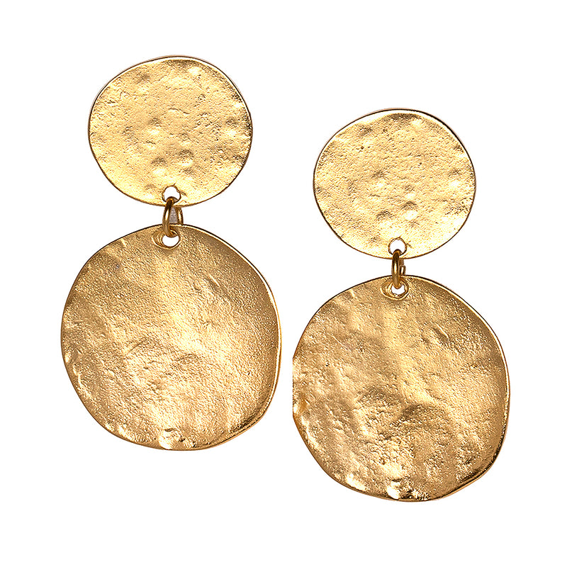 Gold Double Coin Drop Pierced Earrings
