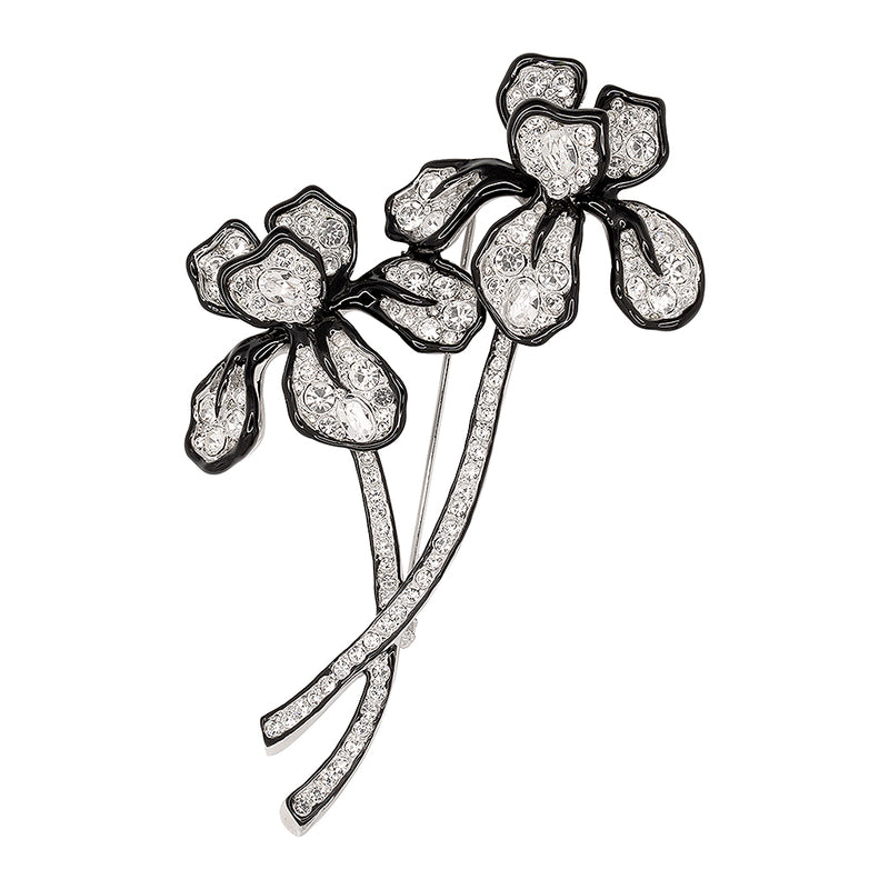 Double Black Line Crystal Long Stem Flower Pin –