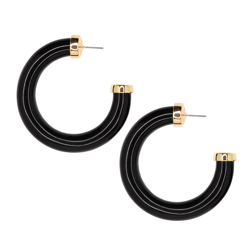 Large Polished Black Resin Gold Ends Hoop Pierced Earrings