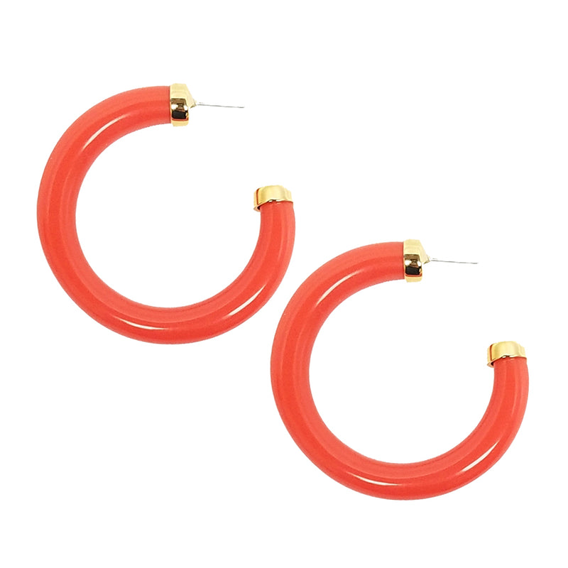Large Polished Coral Resin Gold Ends Hoop Pierced Earrings