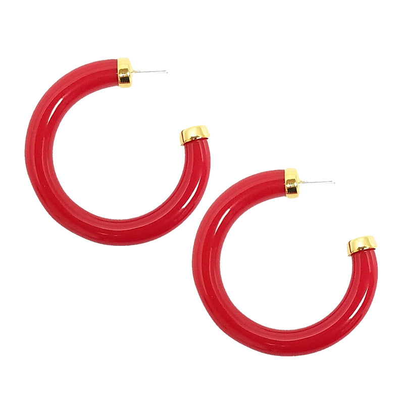 Large Polished Red Resin Gold Ends Hoop Pierced Earrings