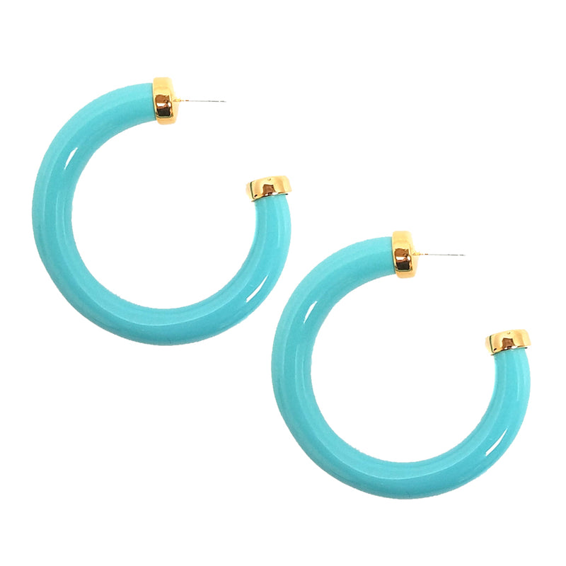 Large Polished Turquoise Resin Gold Ends Hoop Pierced Earrings