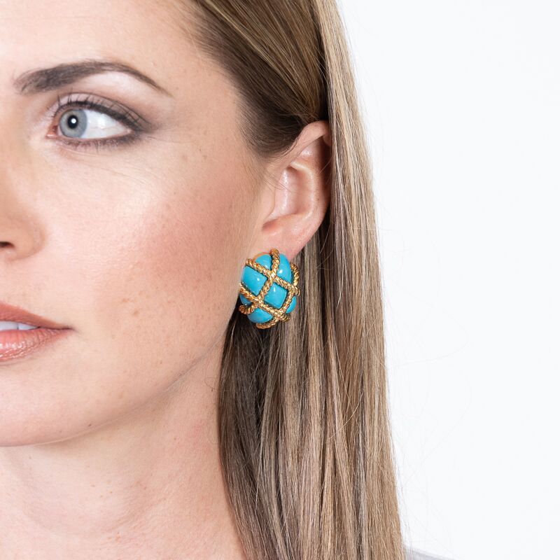 Gold Trim Turquoise Quilted Clip Earrings