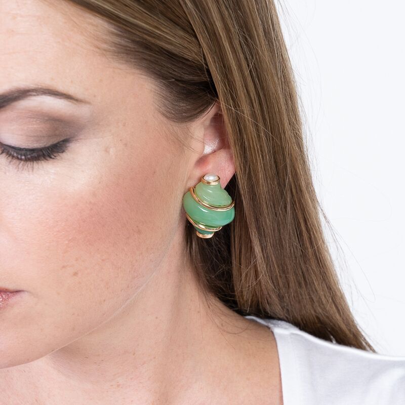 Jade Shell With Pearl Tip Clip Earrings