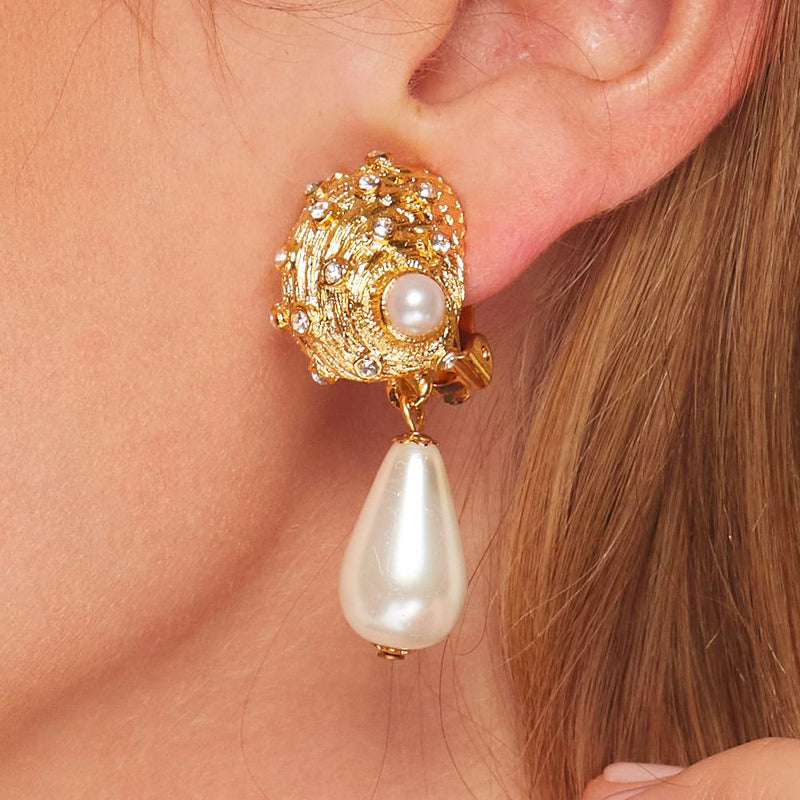 Satin Gold Pearl Drop Seashell Clip Earring