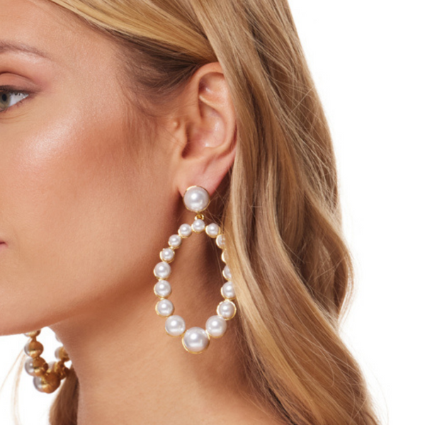Gold Oval Shape with Pearls Graduated Drop Earring