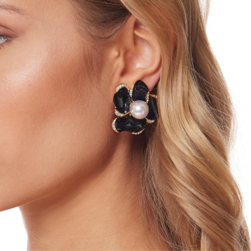 Gold and Rhinestone Flower with Black Enamel Petals Clip Earring