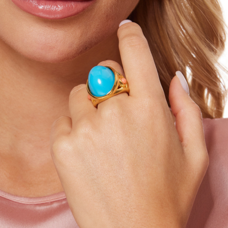 Gold Ring with Turquoise Cabochon Center and Coral Cabochon Dots