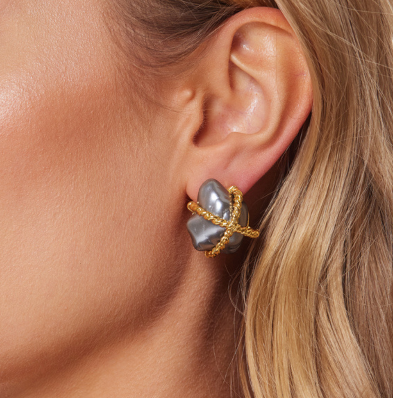 Grey Pearl with Gold "X" Nugget Clip Earring