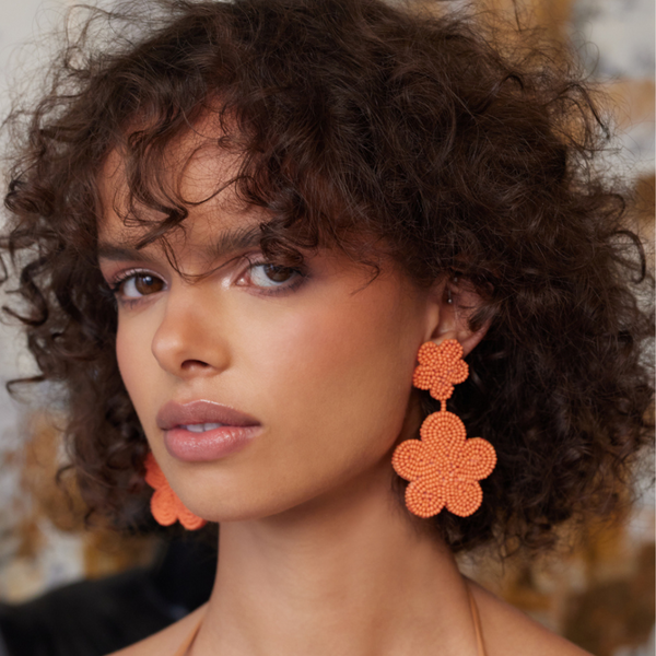 Coral Bead Flower Earrings