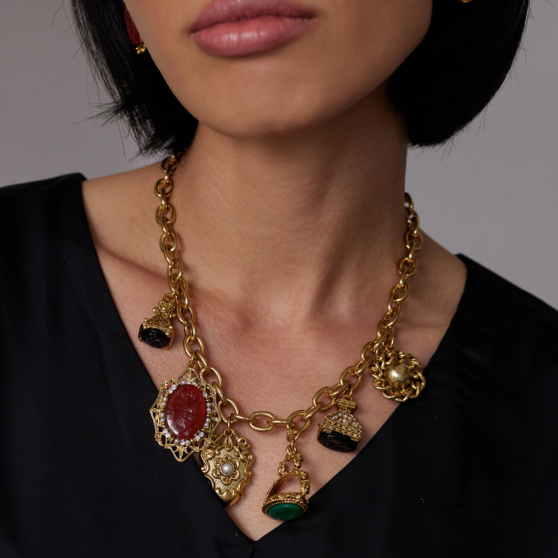 Antique Gold Chain Necklace with Multicolor Charms