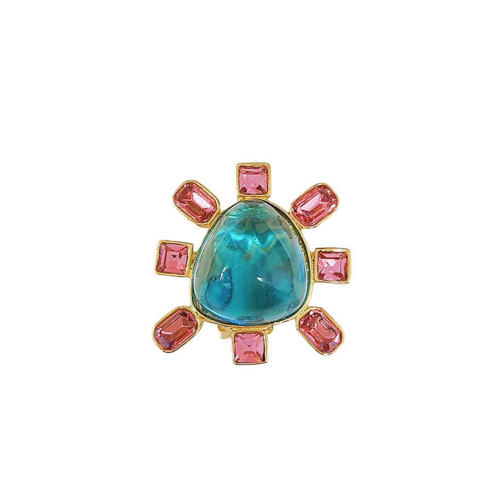 Pink and Aqua Cabochon Center Clip Earring