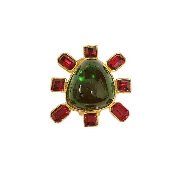 Ruby and Emerald Cabochon Center Clip Earring