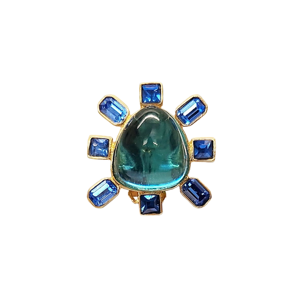 Sapphire and Aqua Cabochon Center Clip Earring