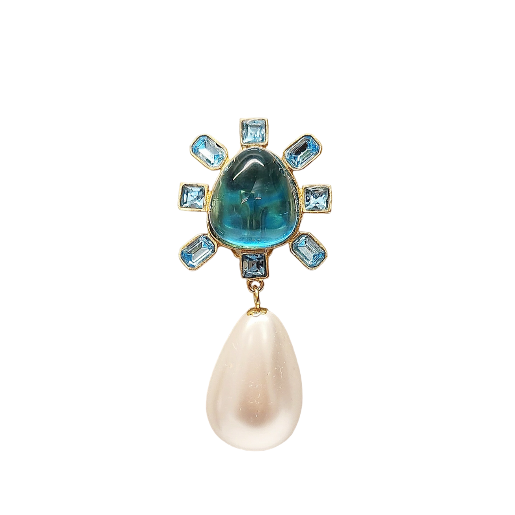 Aqua and Aqua Cabochon Center Pearl Drop Clip Earring