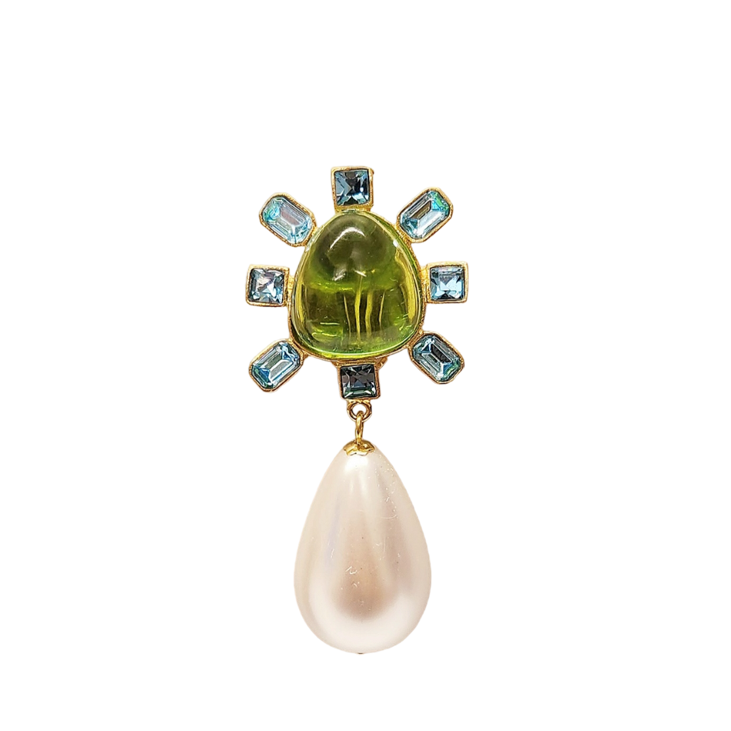 Aqua and Peridot Cabochon Center Pearl Drop Clip Earring