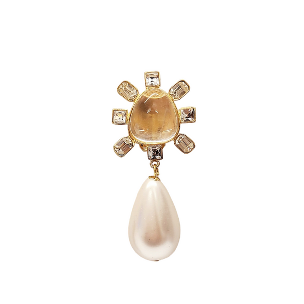 Clear Crystal Cabochon Center Pearl Drop Clip Earring