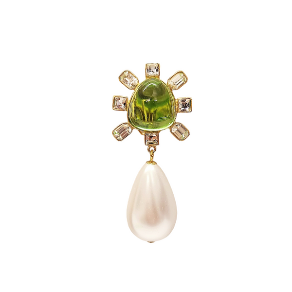 Clear Crystal and Peridot Cabochon Center Pearl Drop Clip Earring