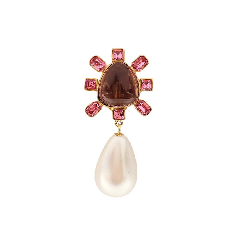 Pink and Amethyst Cabochon Center Pearl Drop Clip Earring