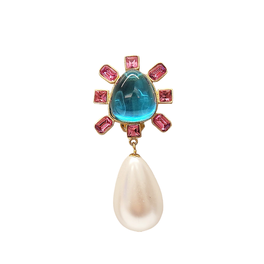 Pink and Aqua Cabochon Center Pearl Drop Clip Earring