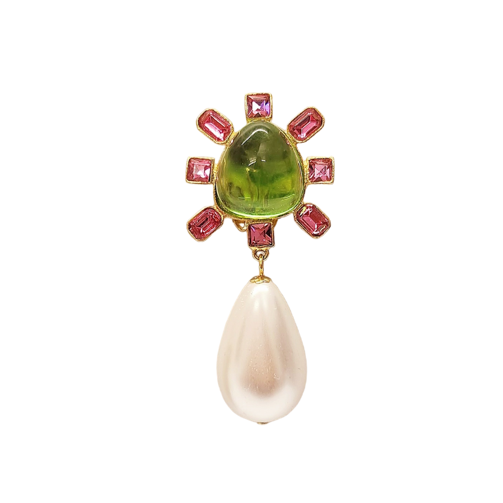 Pink and Peridot Cabochon Center Pearl Drop Clip Earring