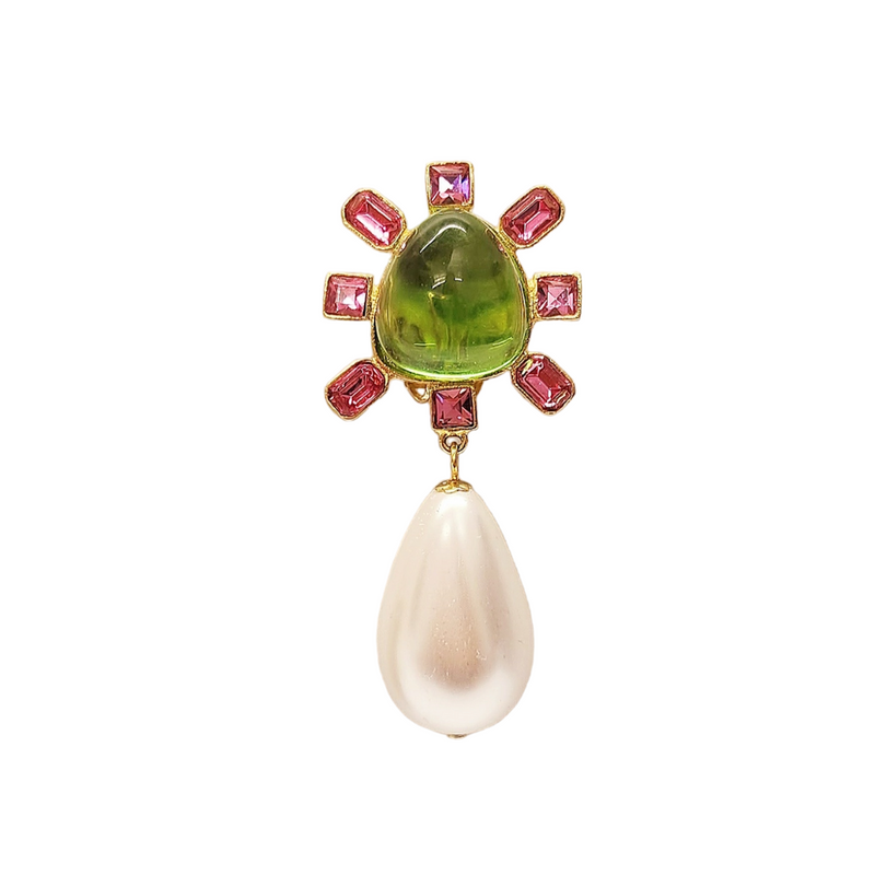 Pink and Peridot Cabochon Center Pearl Drop Clip Earring