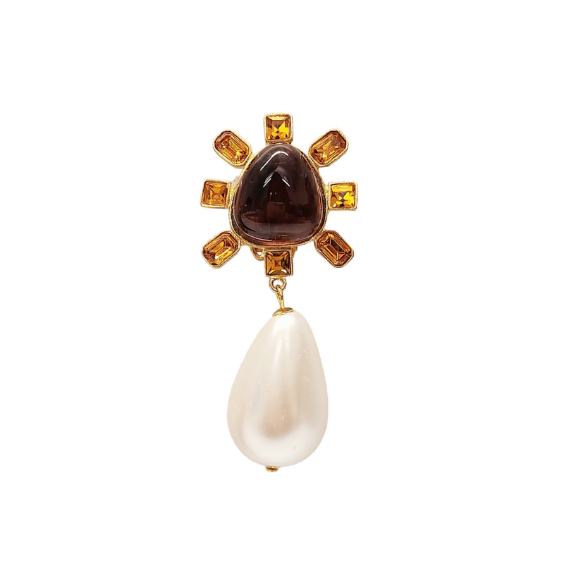Topaz and Amethyst Cabochon Center Pearl Drop Clip Earring