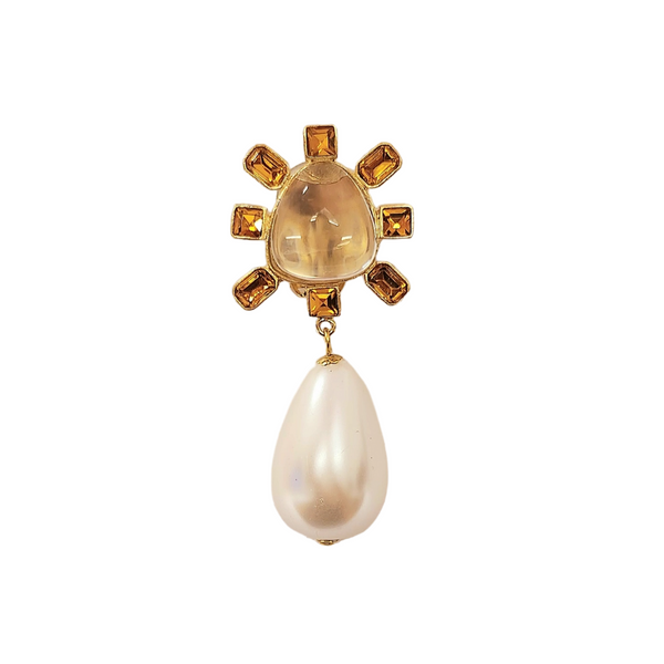 Topaz and Clear Crystal Cabochon Center Pearl Drop Clip Earring