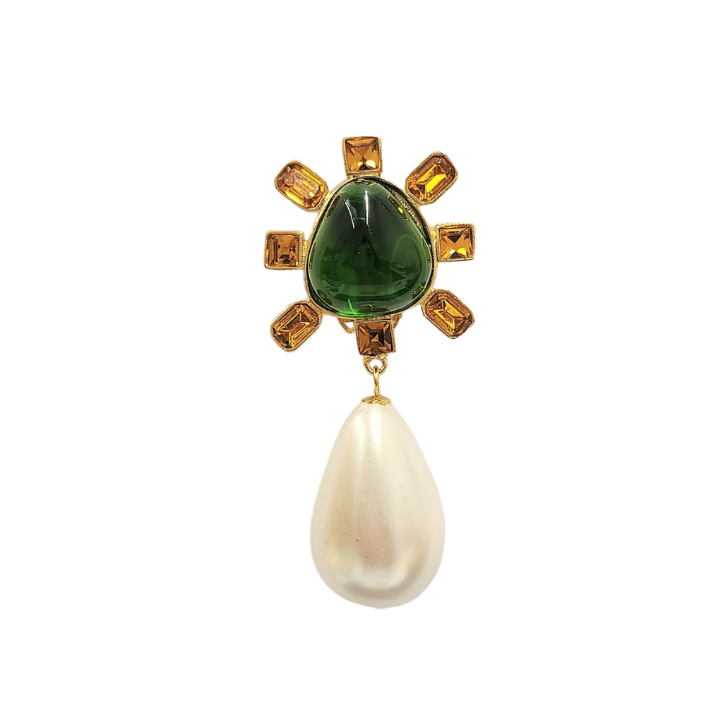 Topaz and Emerald Cabochon Center Pearl Drop Clip Earring