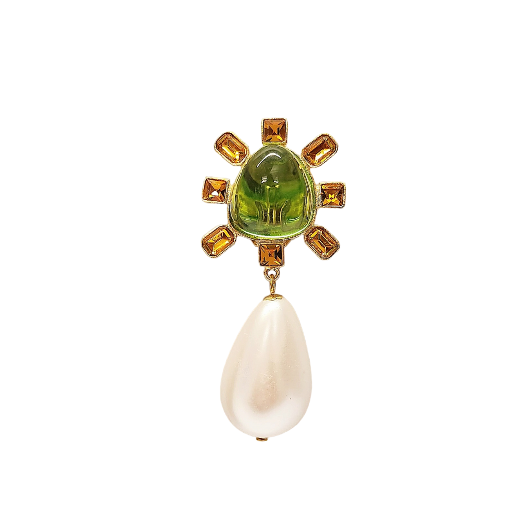 Topaz and Peridot Cabochon Center Pearl Drop Clip Earring