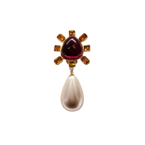 Topaz and Ruby Cabochon Center Pearl Drop Clip Earring