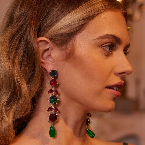 Sapphire, Ruby & Emerald Drop Pierced Earrings