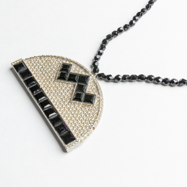 Vintage Jet Bead Necklace With Crystal & Black Half Circle Pendant
