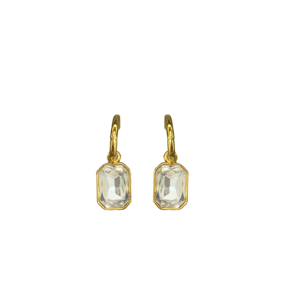 Gold Pierced Huggie Clear Crystal Stone Drop Earring