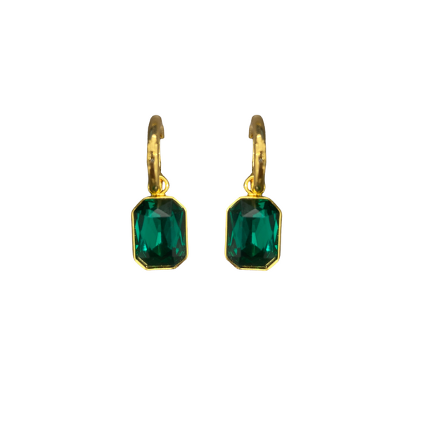 Gold Pierced Huggie Emerald Stone Drop Earring