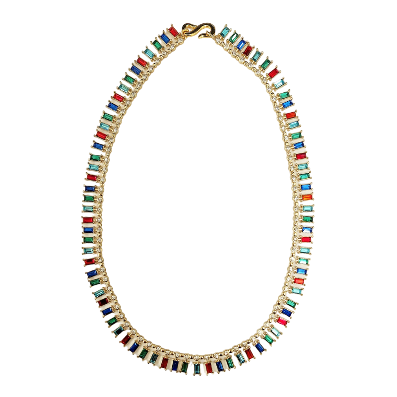Gold with Multi Color Baguette "S" Hook Necklace