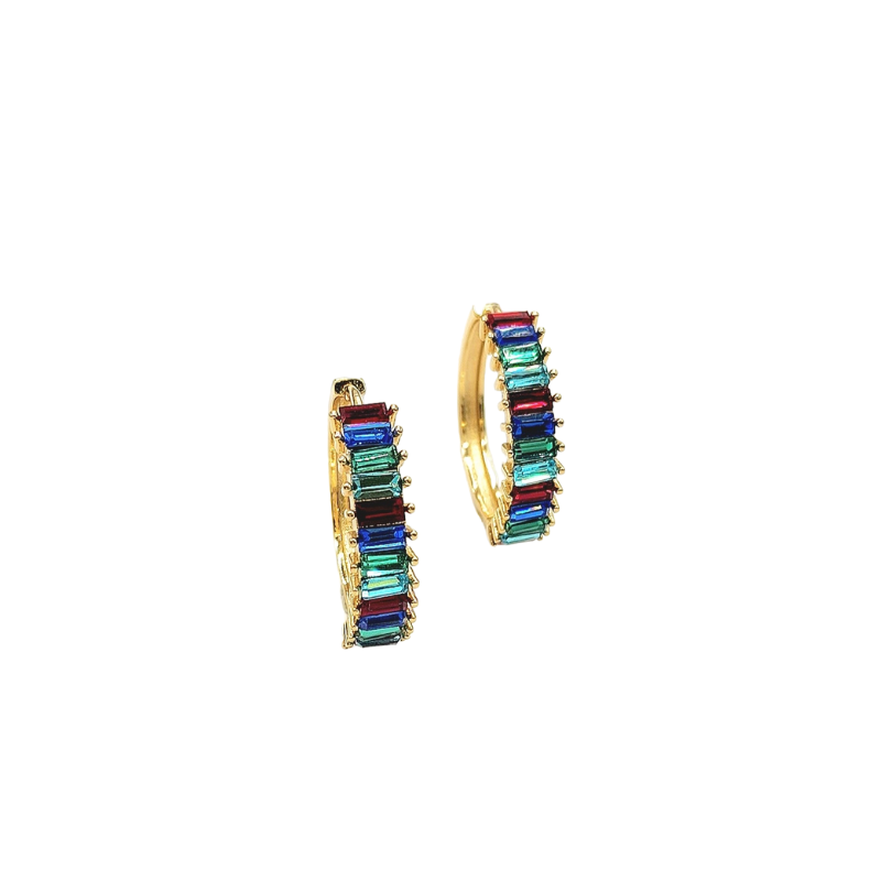 Gold with Multicolor Baguettes Hoop Pierced Earring