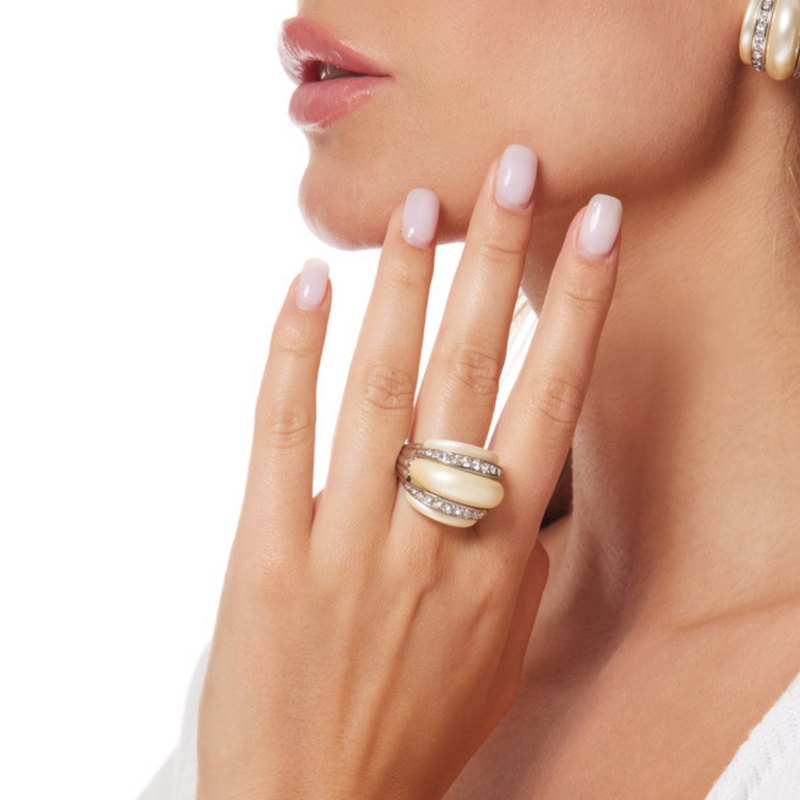 Silver with Double Crystal Band White Pearl Ring