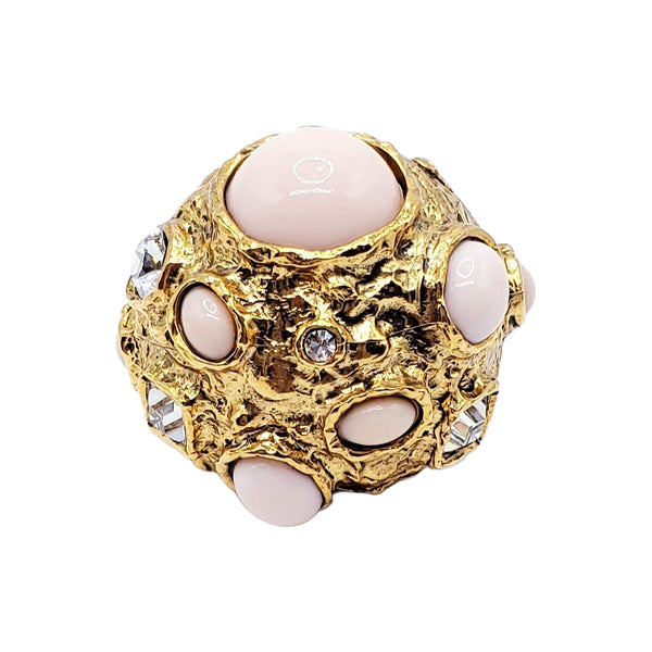 Vintage Gold Ring with Crystal and Angel Skin Cabochons