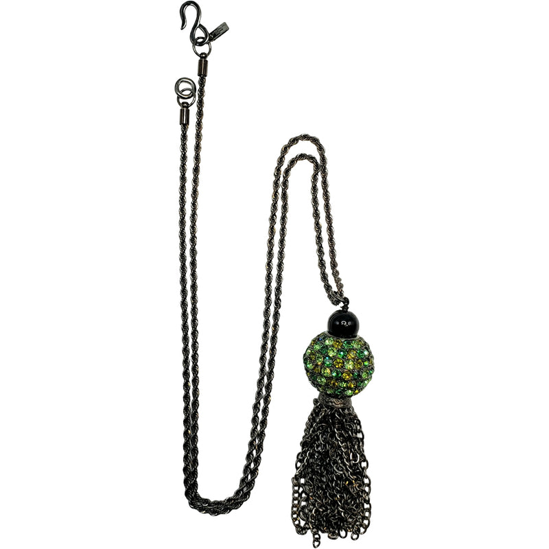 Vintage Gunmetal with Multi Green Gemstone Disco Ball Tassel Necklace