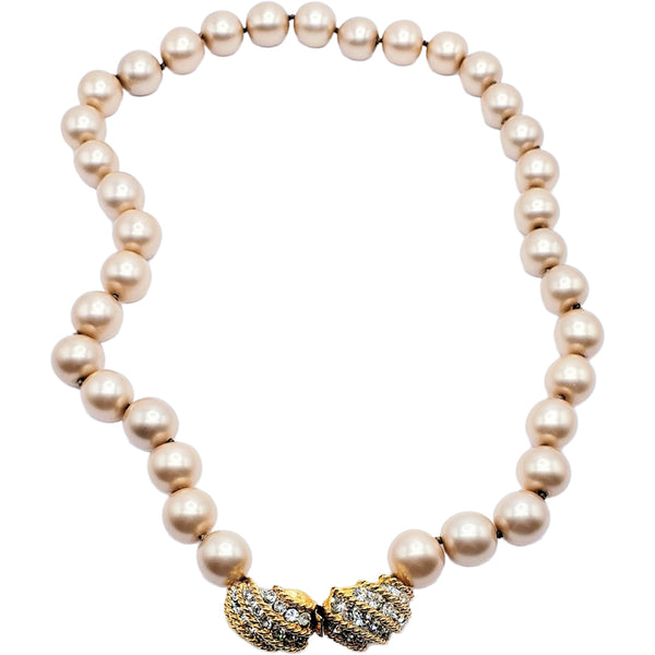 Vintage Beige Pearl Necklace with Gold & Crystal Pendant