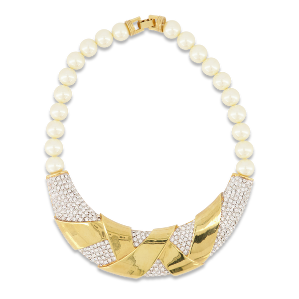 Vintage Pearl and Rhinestone Bib Necklace