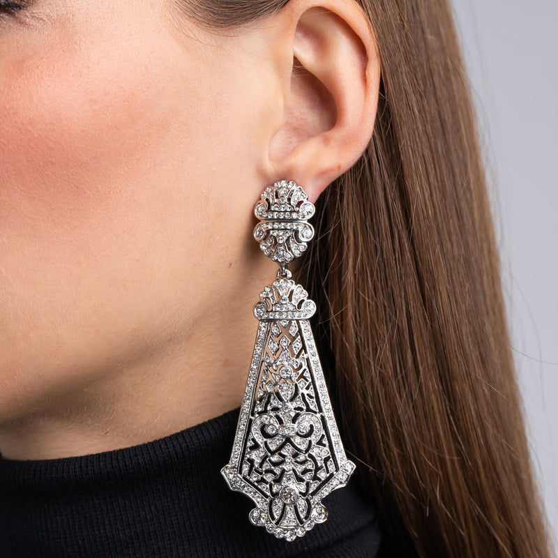 Silver and Crystal Large Prism Drop Clip Earrings