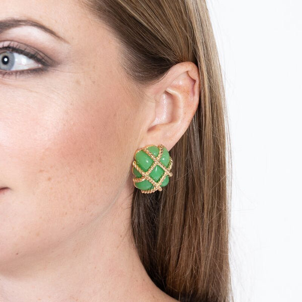 Gold Trim Jade Quilted Clip Earrings